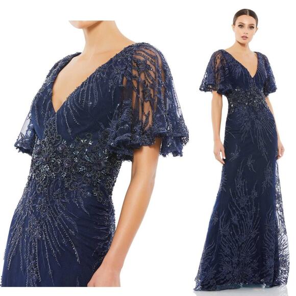 Mac duggal 67493 Midnight Blue Vintage Flutter Sleeve Evening Gown 12 $798